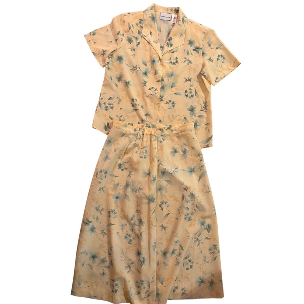Alfred Dunner Womens Yellow Floral‎ 2 Piece Set Skirt and Button DownBlouseSz10